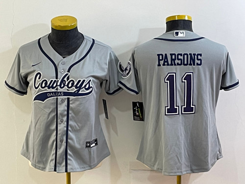 Women's Dallas Cowboys #11 Micah Parsons Gray With Patch Cool Base Stitched Baseball Jersey(Run Small)